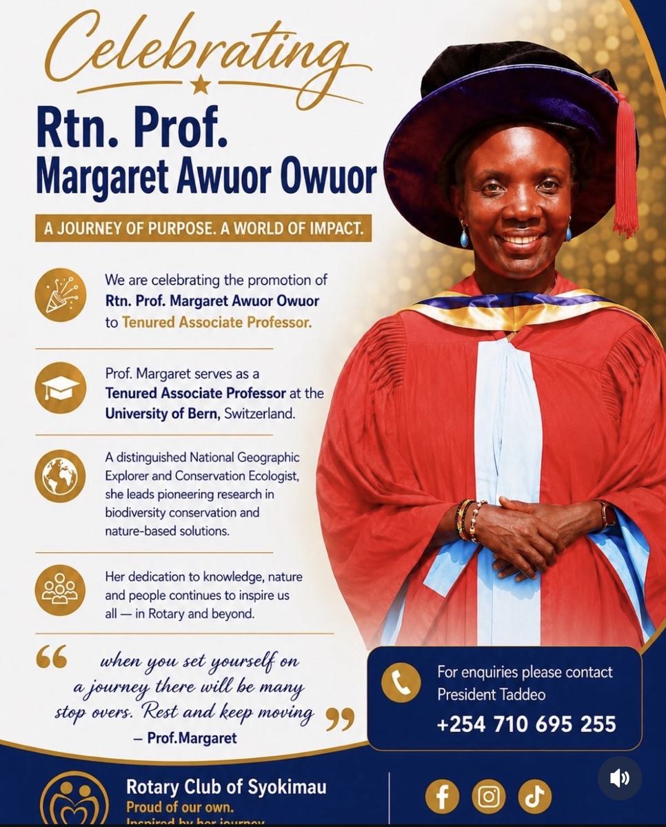 Poster celebrating Rtn. Prof. Margaret Awuor Owuor, photographed in red academic robes and doctoral cap, on her promotion to Tenured Associate Professor at the University of Bern.