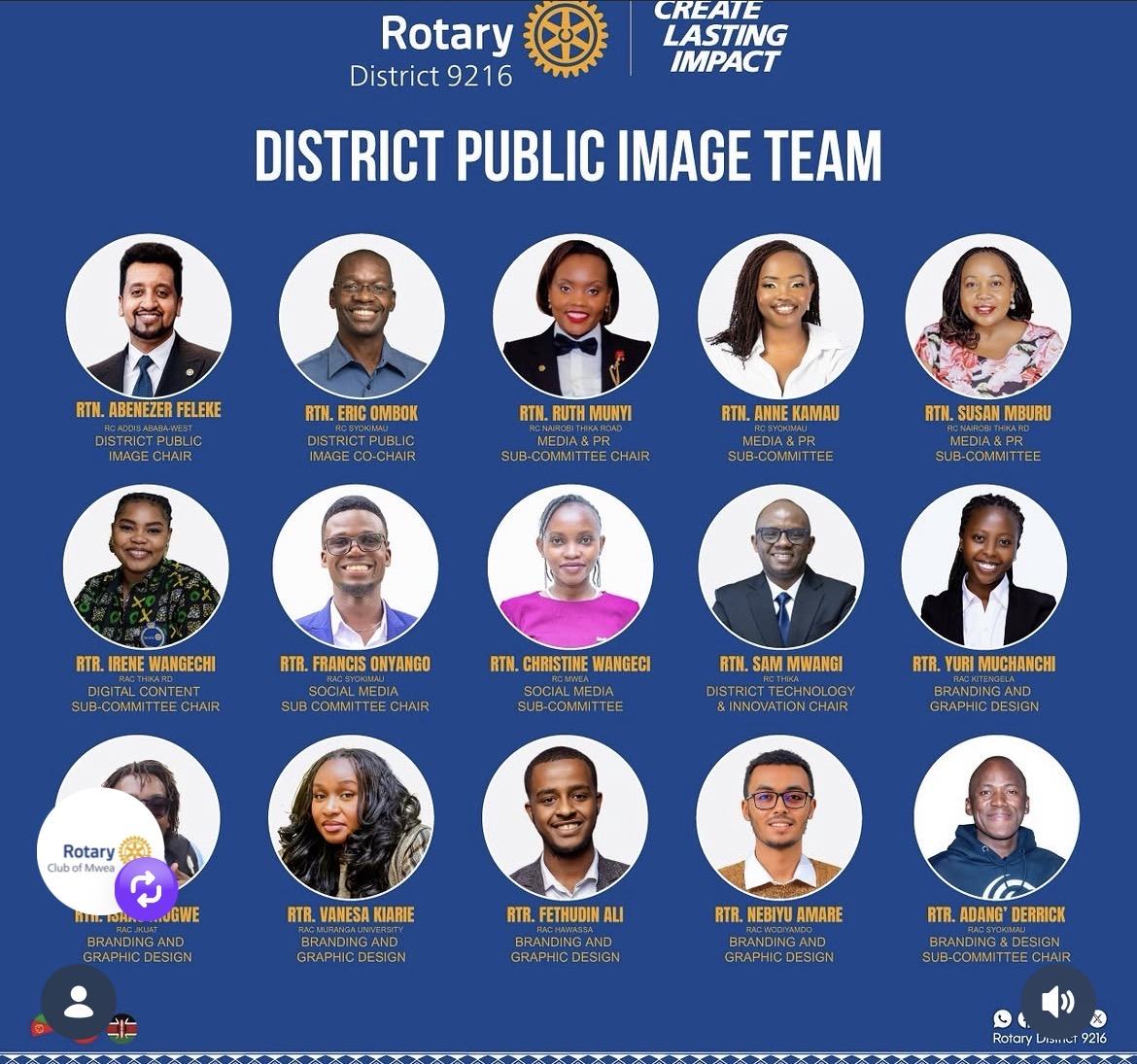 The District 9216 Public Image Team as a grid of fifteen portraits, among them Rtn. Eric Ombok as District Public Image Co-Chair.
