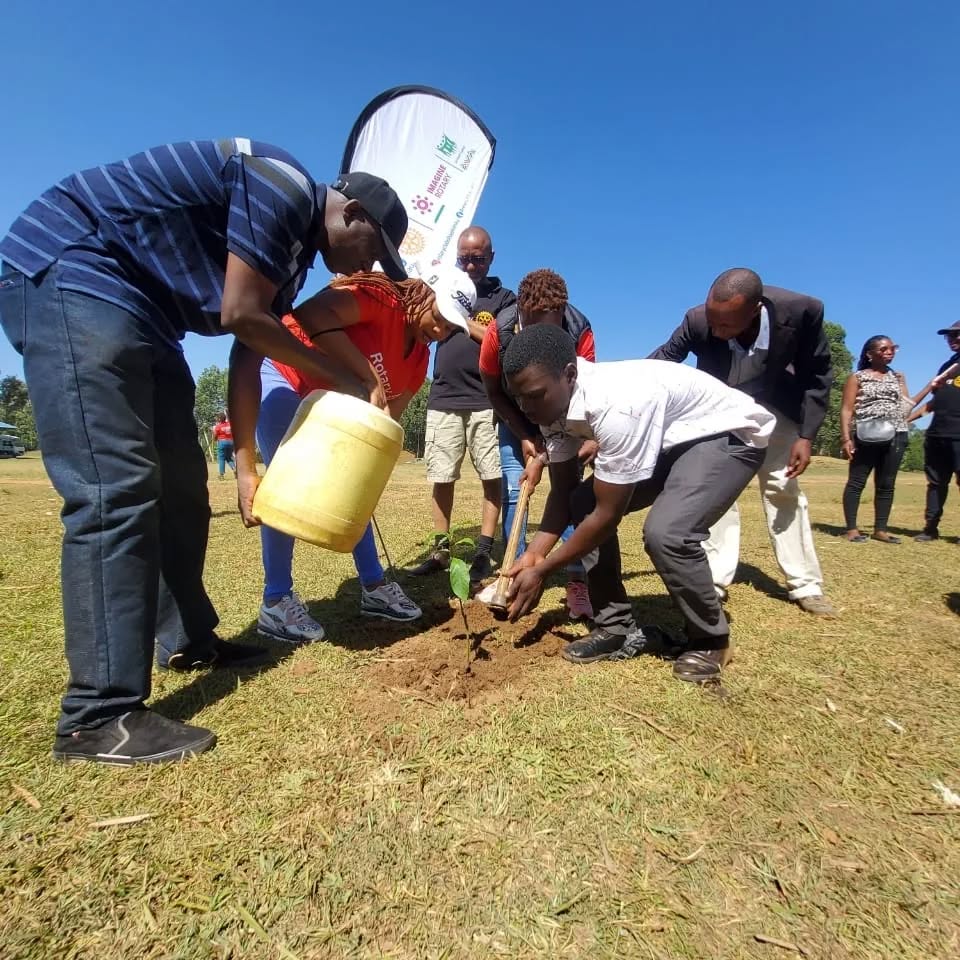 Members and young people planting a tree seedling together beside an Imagine Rotary banner.